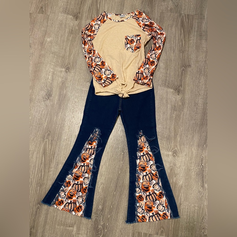 Pumpkin Print Top and Flare Jeans Set